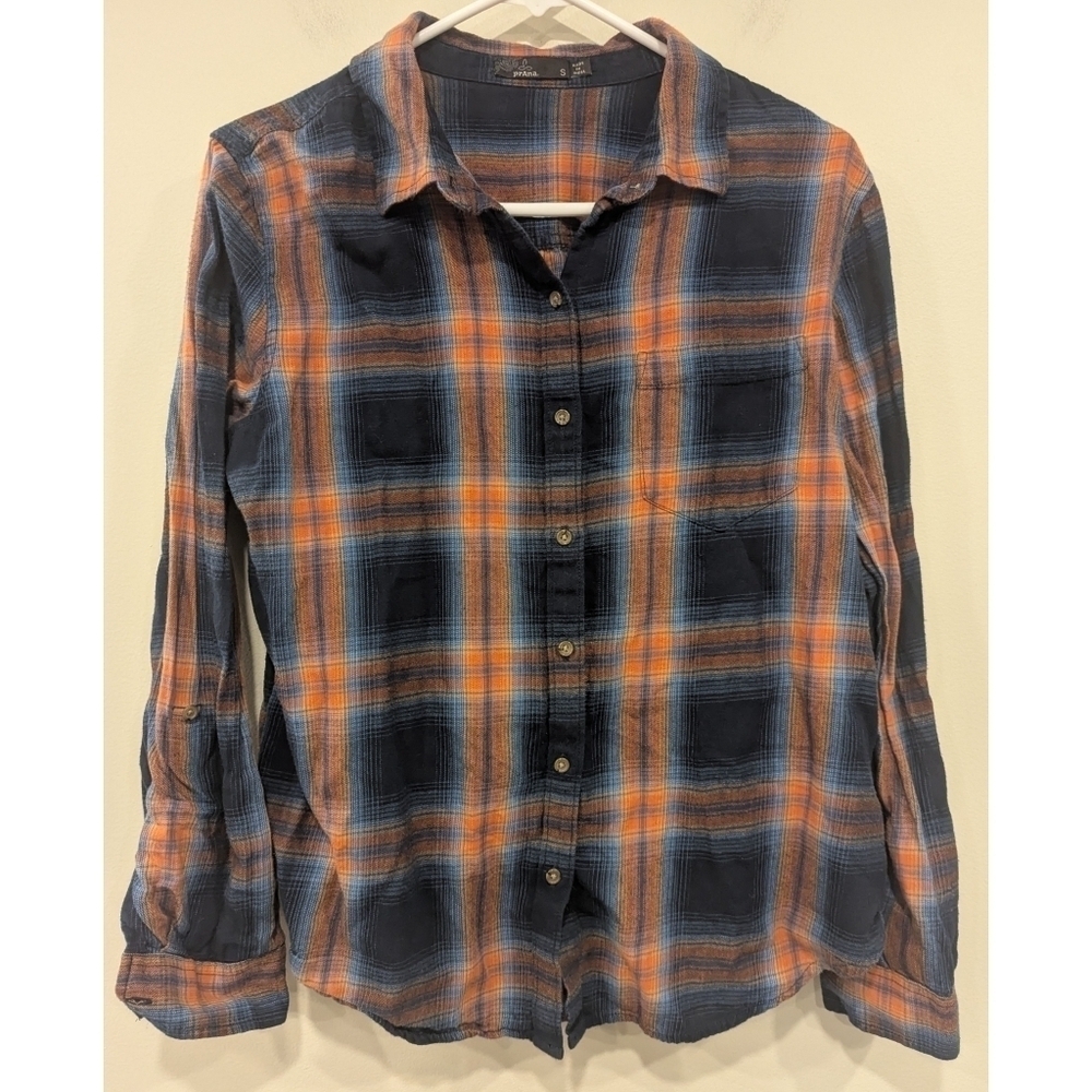 Prana Orange And Blue Flannel Button Up Shirt Size Small